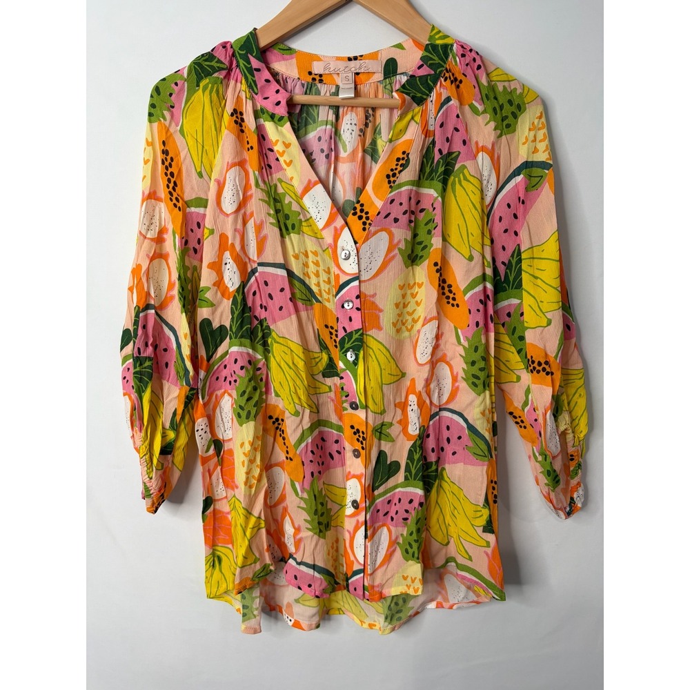 Hutch x Anthropologie Women Blouse Top Sz S Fruit Print Button Front Tropical
